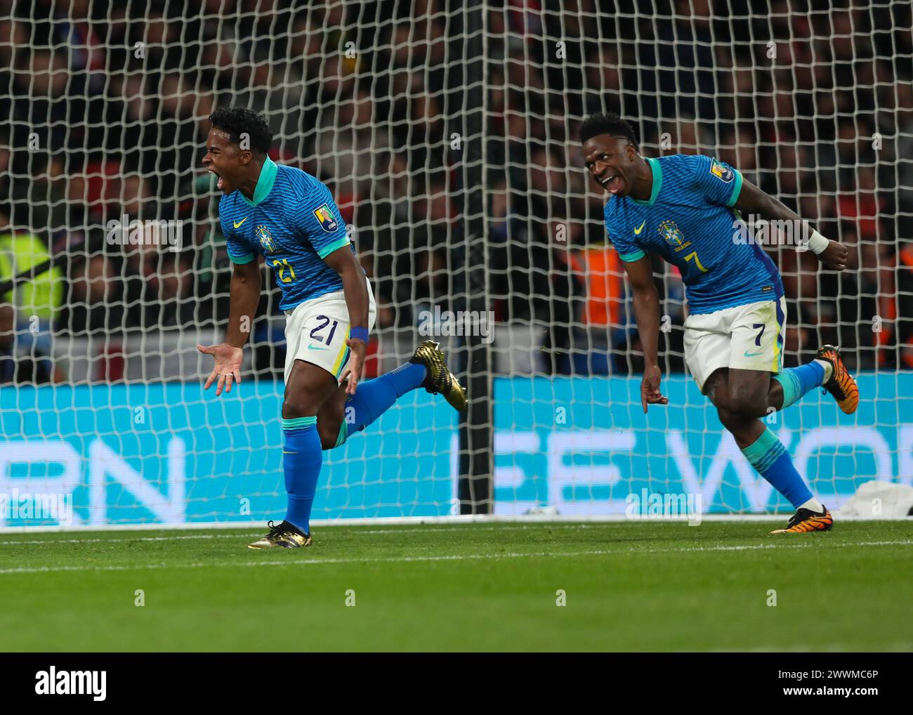 Endrick of Brazil and Vinicius Junior of Brazil celebrates first and