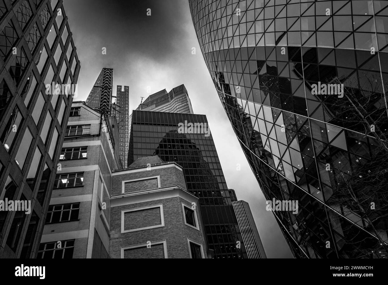 A monochrome low-angle view of urban architecture in central London. Stock Photo