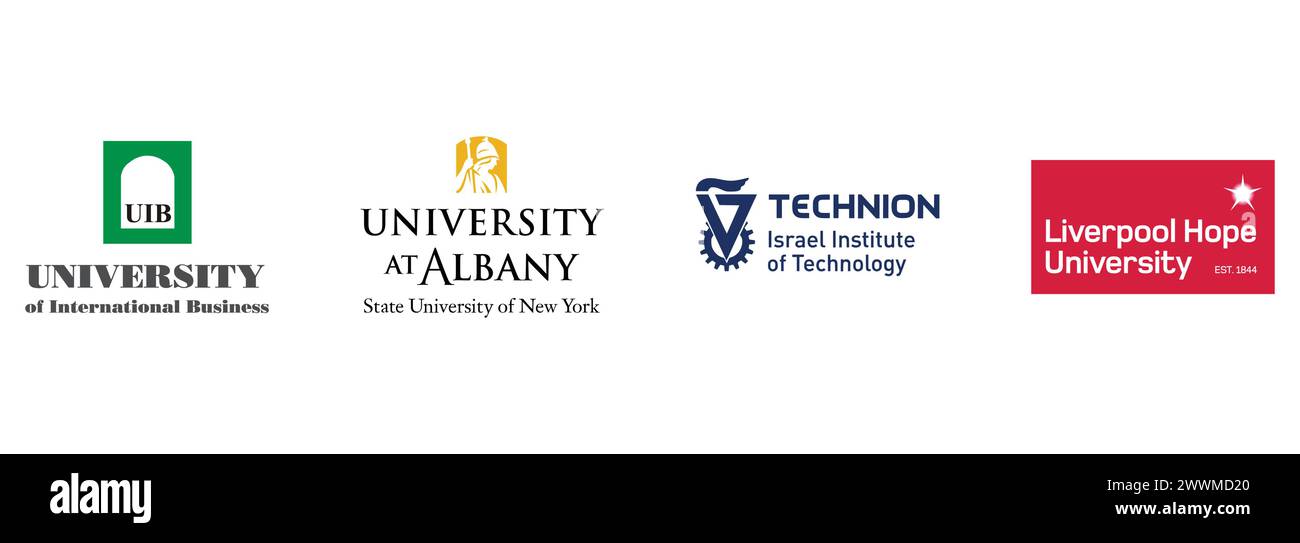 University of International Business, Technion, Liverpool Hope University, University at Albany. Editorial vector logo collection. Stock Vector