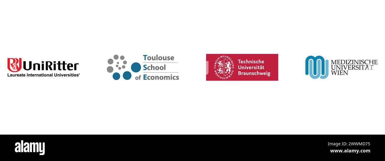 Meduni Wien, Toulouse School of Economics, UniRitter Laureate, Technische Universitat Braunschweig Siegel. Editorial vector logo collection. Stock Vector
