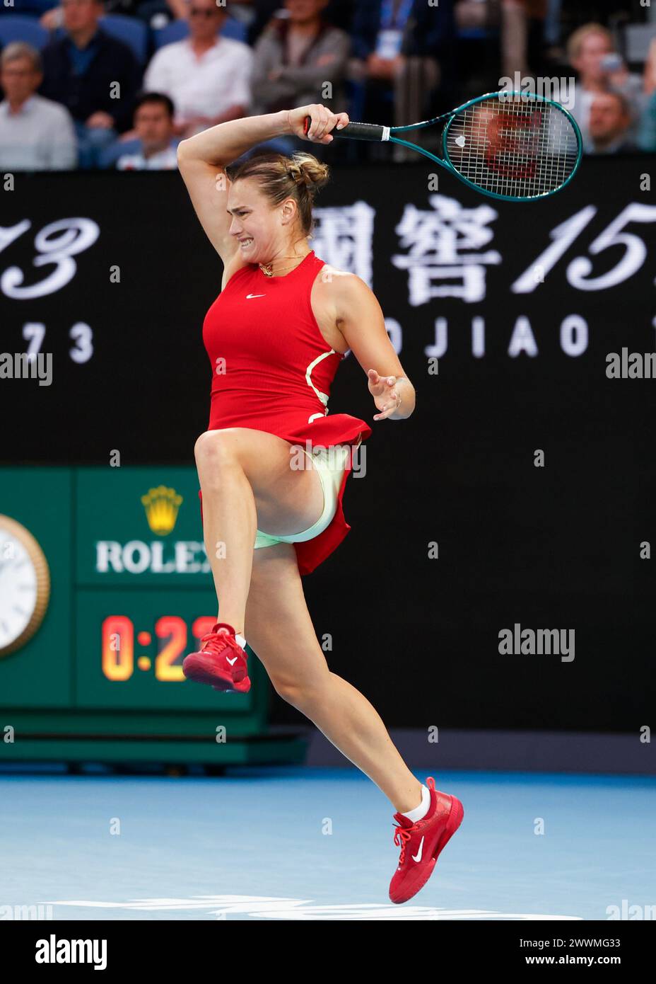 Aryna Sabalenka in action at the Australian Open 2024 at Melbourne Park, Melbourne, Victoria, Australia. Stock Photo
