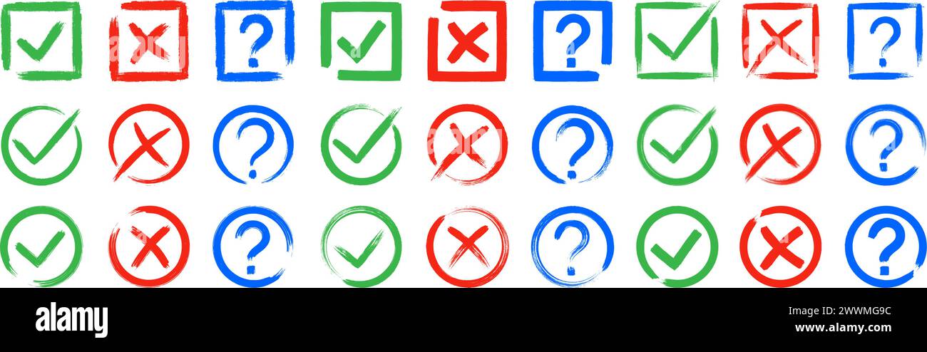 Dirty grunge cross x, tick OK and question check marks in check boxes ...