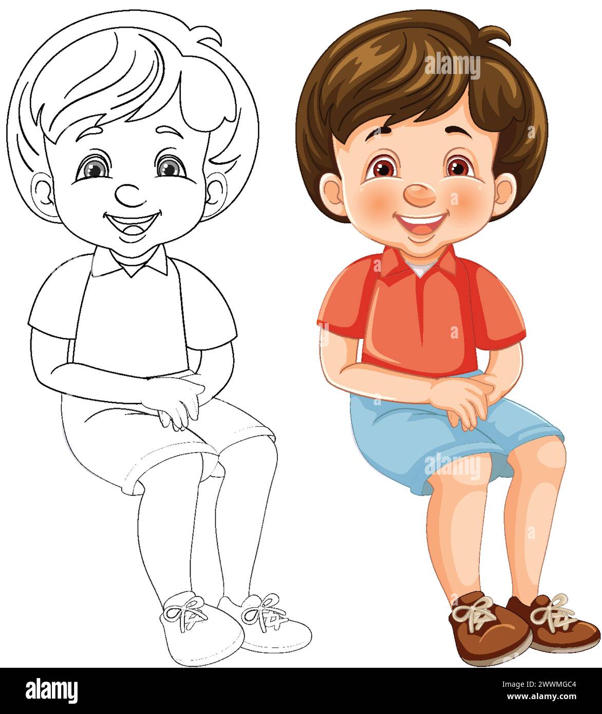 Illustration of a cheerful boy sitting, with line art Stock Vector ...