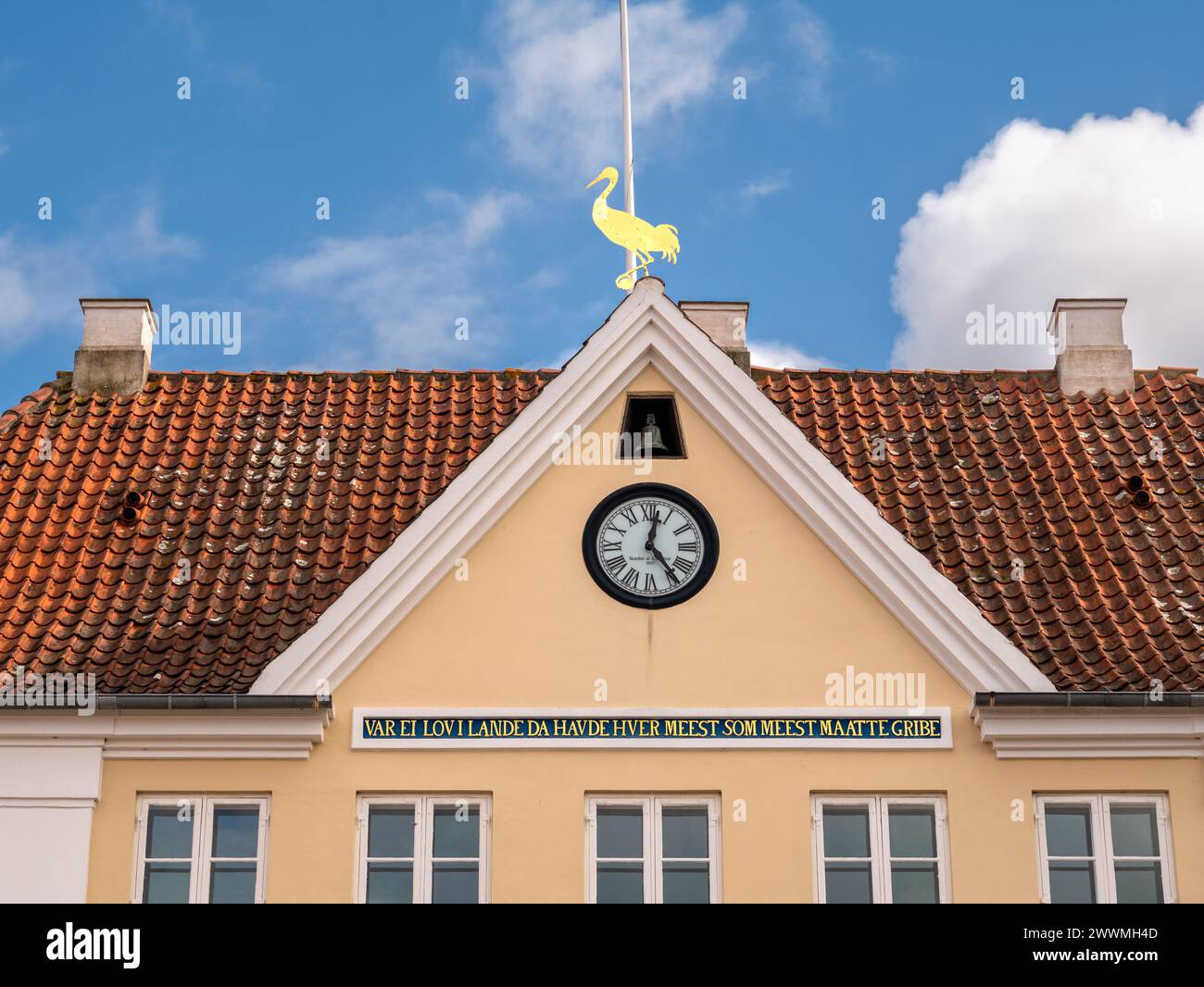Top of facade of former town hall in old town of Mariager, Nordjylland, Denmark Stock Photo