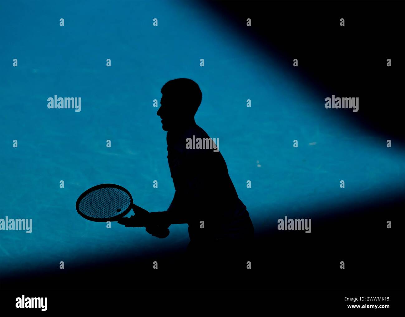 Silhouette of Novak Djokovic (SRB) at the Australian Open 2024 at Melbourne Park, Melbourne, Victoria, Australia. Stock Photo
