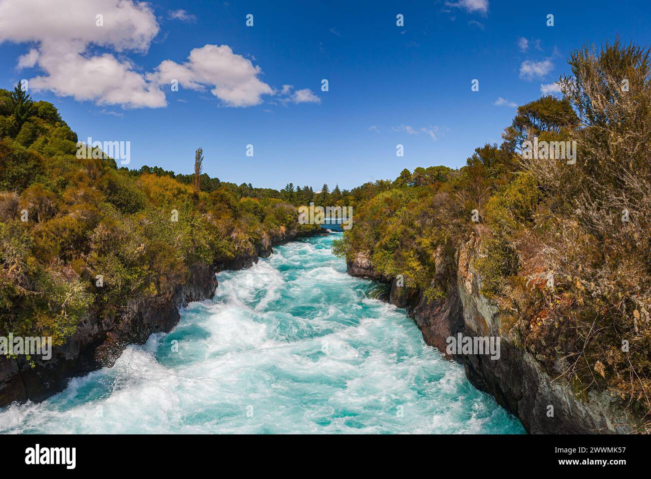 The Huka Falls is a set of waterfalls on the Waikato River, which drains Lake Taupo, on the North Island in New Zealand. Stock Photo