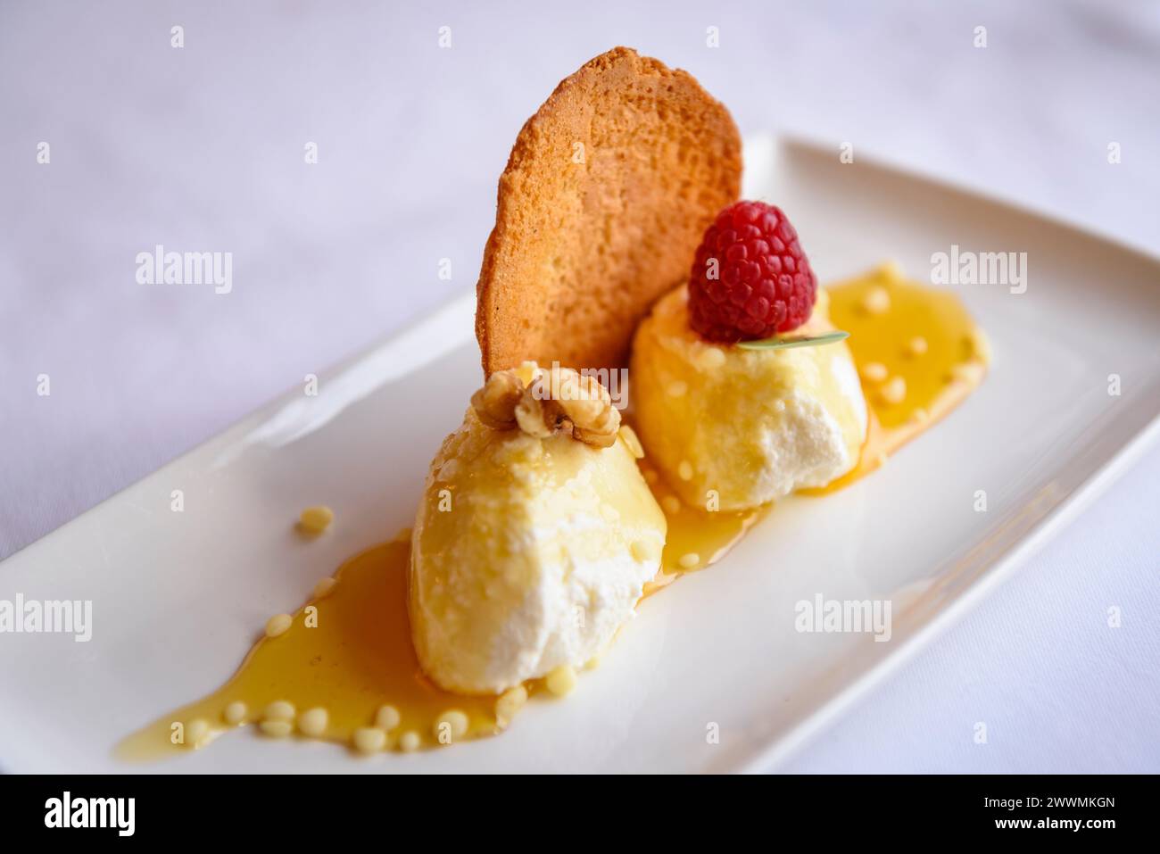 A dessert from the Hotel El Prado restaurant, in Puigcerdà, with traditional Pyrenean cuisine (Cerdanya, Girona, Catalonia, Spain, Pyrenees) Stock Photo