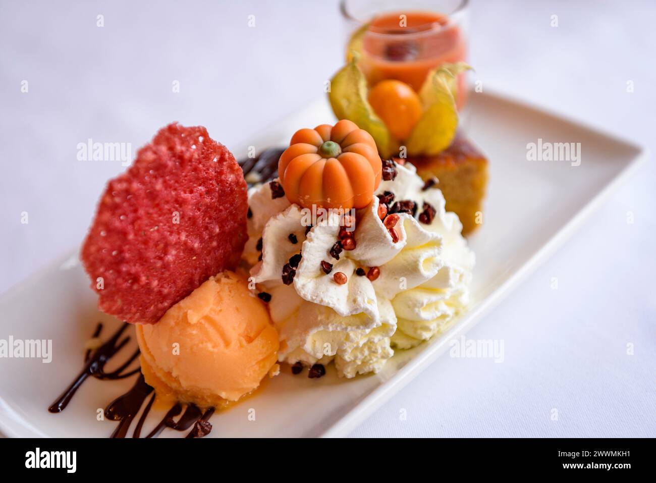 A dessert from the Hotel El Prado restaurant, in Puigcerdà, with traditional Pyrenean cuisine (Cerdanya, Girona, Catalonia, Spain, Pyrenees) Stock Photo