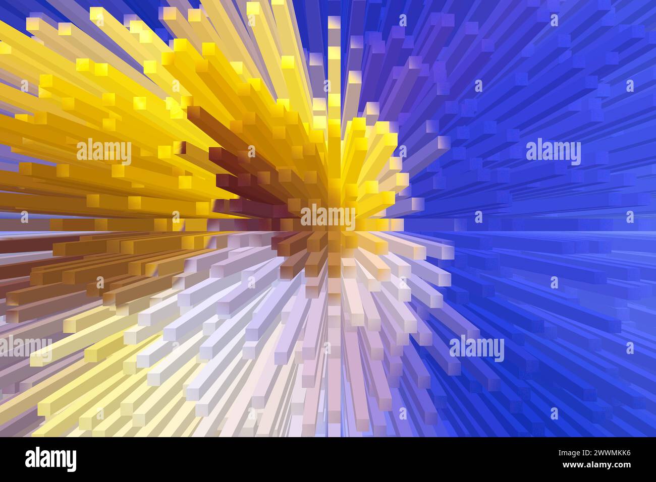 Blue and yellow abstract colored extrusion blocks and pyramids rushing in different directions. Growth, business, technology. Background Stock Photo