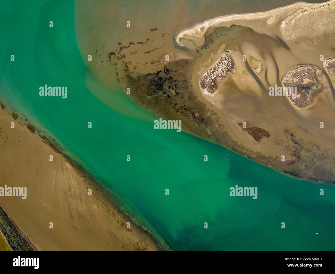 Aerial view of Fangar Bay and the accumulation of sediment at this point in the Ebro Delta (Tarragona, Catalonia, Spain) Stock Photo