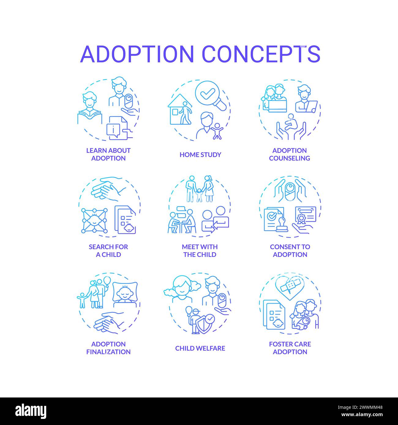 Adoption blue gradient concept icons Stock Vector