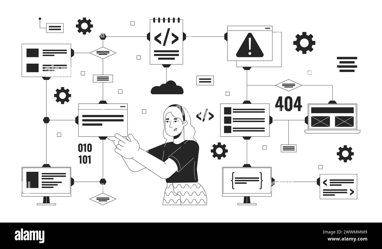 Computer network black and white 2D illustration concept Stock Vector