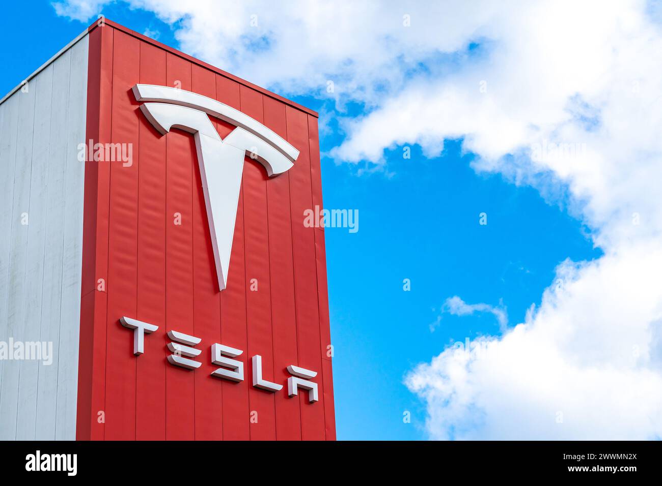 Amsterdam, The Netherlands, 23.03.2024, Logo of american multinational automotive company Tesla on the building in Amsterdam Zuid-Oost Stock Photo