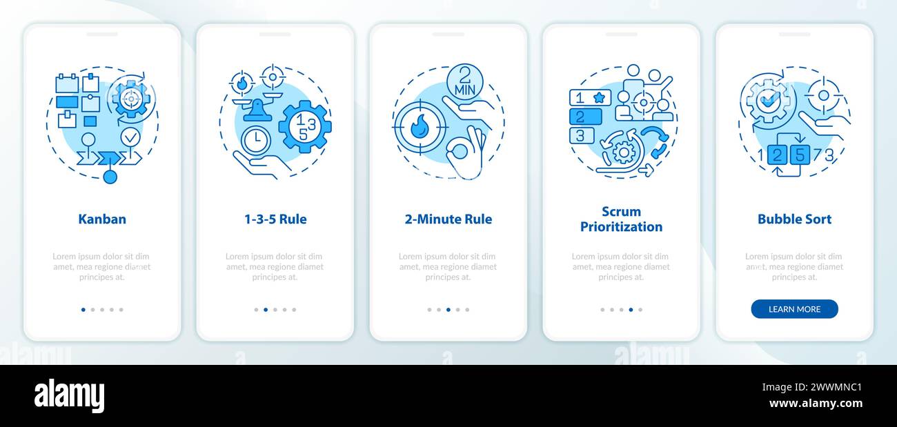 Prioritization tools blue onboarding mobile app screen Stock Vector