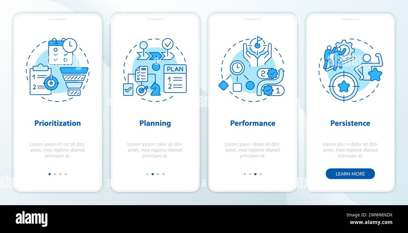 Time management prioritization blue onboarding mobile app screen Stock Vector