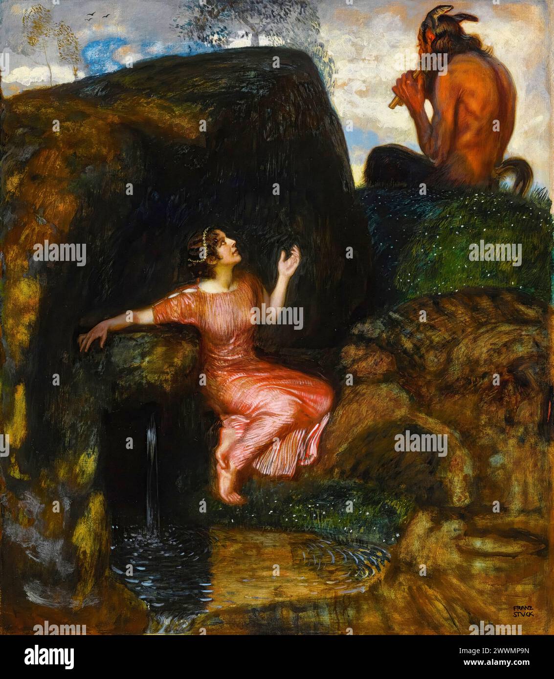 Franz von Stuck painting, An der Quelle (Lauschende Nymphe), (At the Source, Listening Nymph), oil on panel, circa 1901 Stock Photo