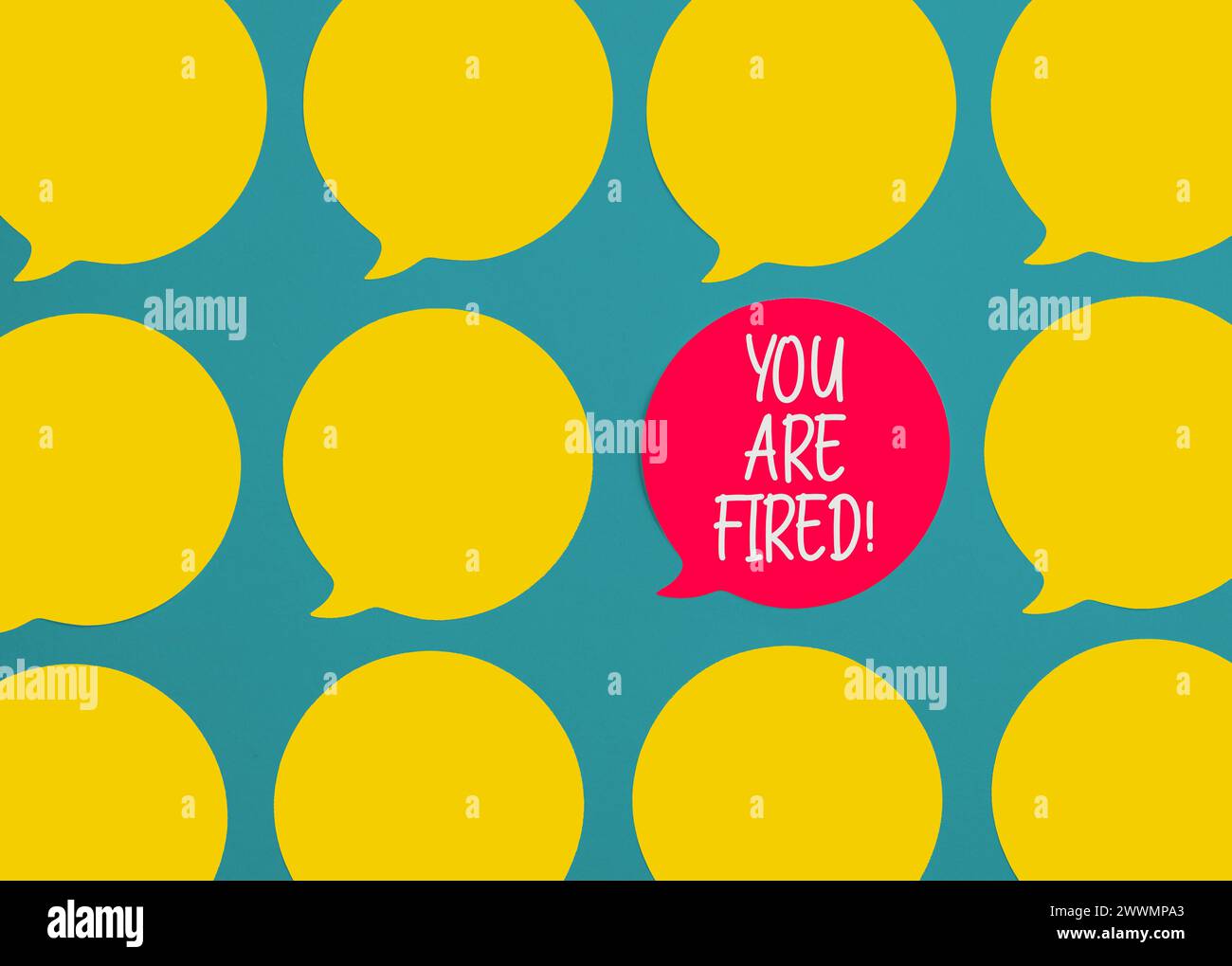 You are fired message on speech bubble. Employment and job loss. Unemployment. Employee dismissal. Stock Photo