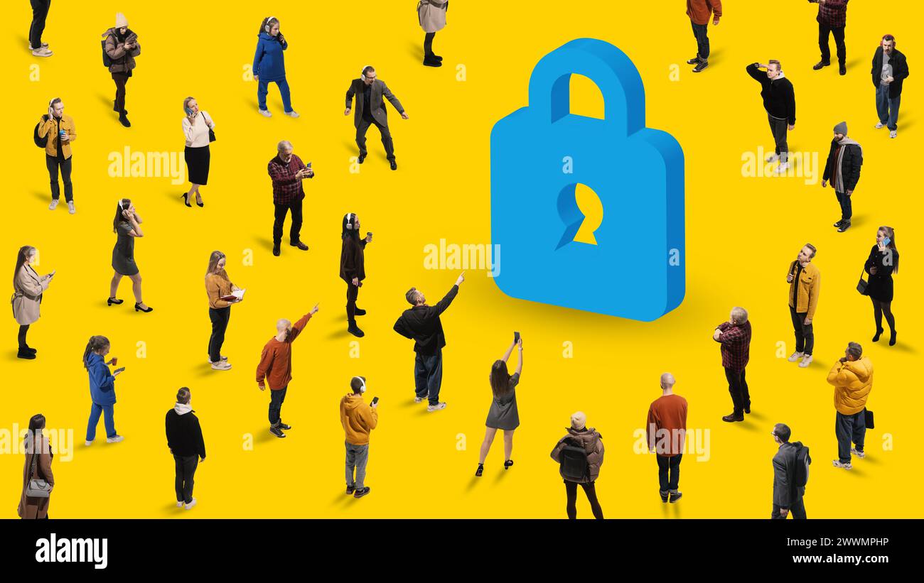 Contemporary art collage. Diverse group of people stands in front of large vibrant blue lock symbol against yellow background. Stock Photo