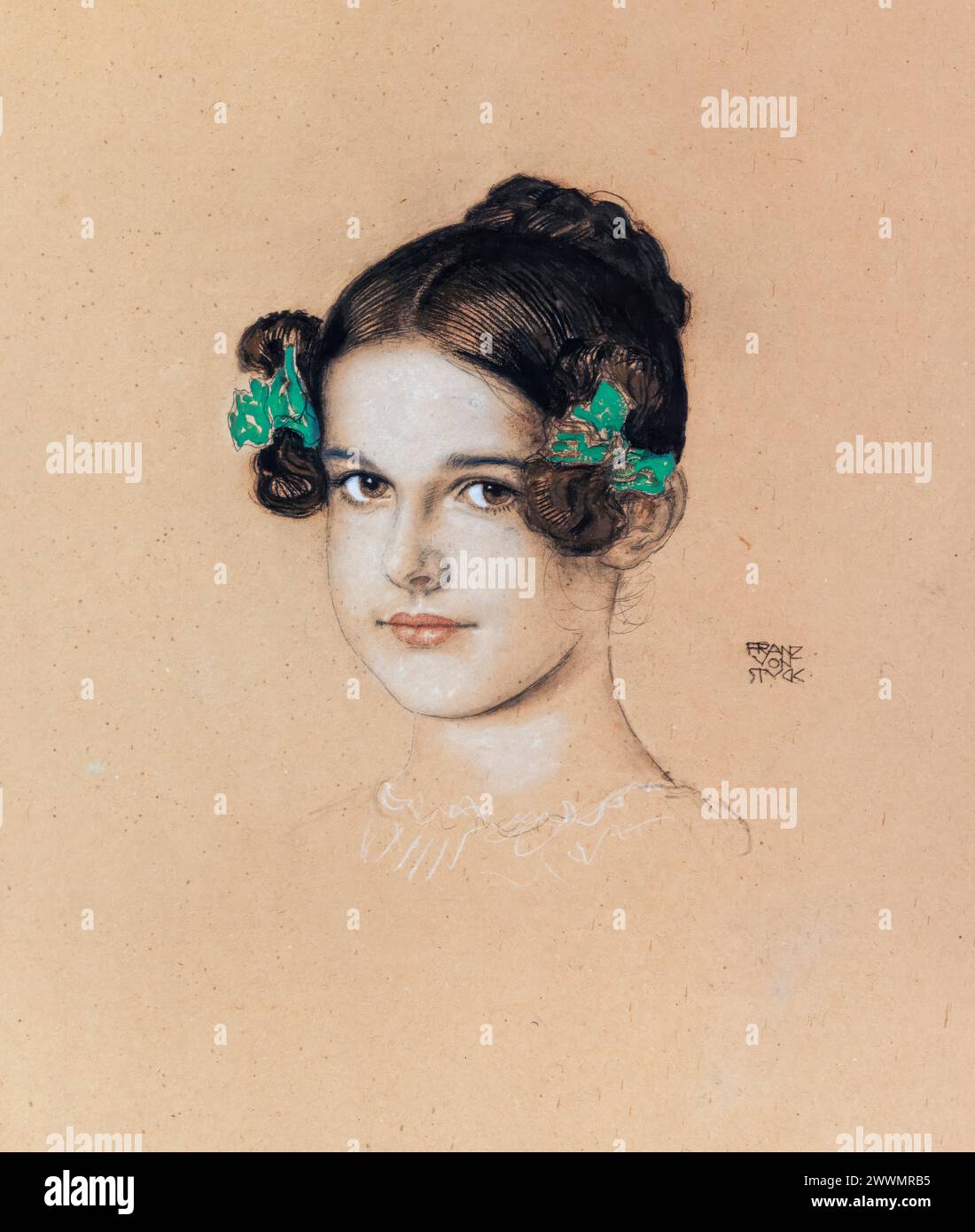Portrait of the artist’s daughter Mary with green ribbons, drawing in pastel by Franz von Stuck, circa 1913 Stock Photo