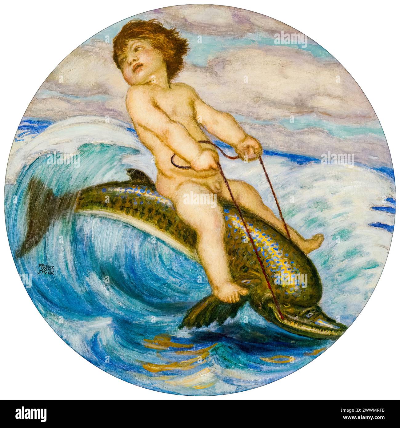 Franz von Stuck, Erote riding a dolphin, painting in tempera on canvas mounted on wood, circa 1912 Stock Photo