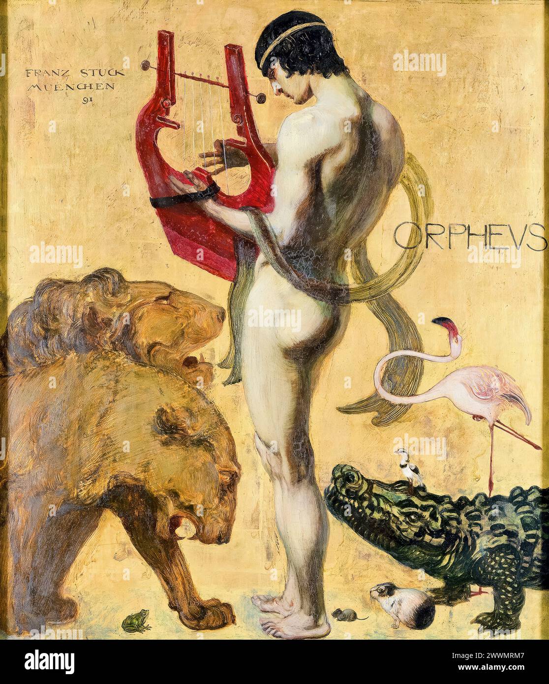 Franz von Stuck painting, Orpheus and the Animals, oil on wood on a gold background, 1891 Stock Photo