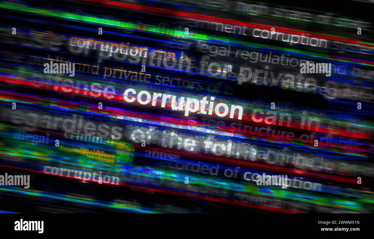 Corruption bribery and payola headline news across international media. Abstract concept of news titles on noise displays. TV glitch effect 3d illustr Stock Photo