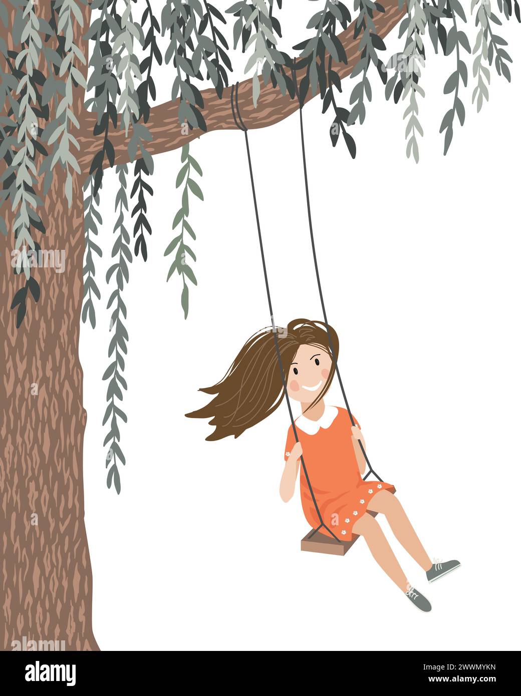 Happy smiling girl with flying in the wind hair on a rope swing. Swing ...