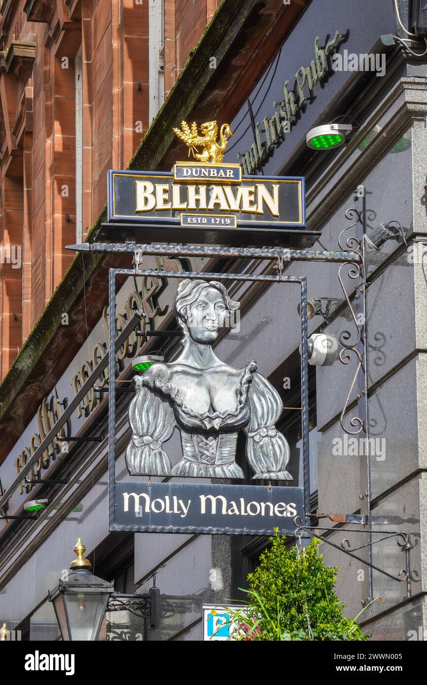 Metal pub sign hanging outside the Molly Malone Irish themed pub in Hope Street, Glasgow, Scotland, UK Stock Photo