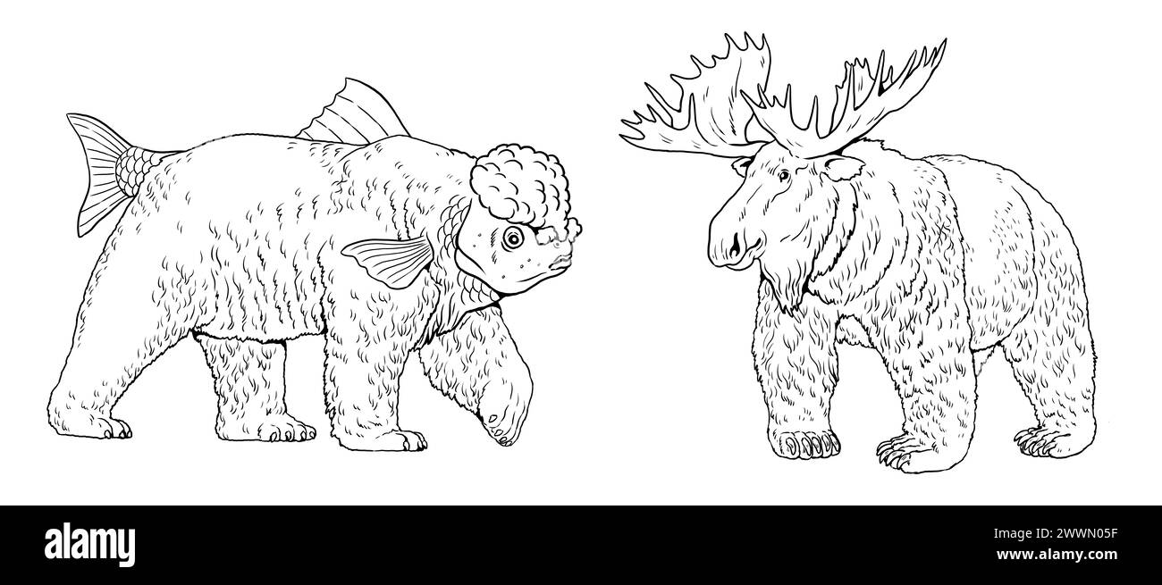 Coloring page with the animals mutants: Bear with moose head and with fish head. Coloring book with fantasy creatures. Stock Photo