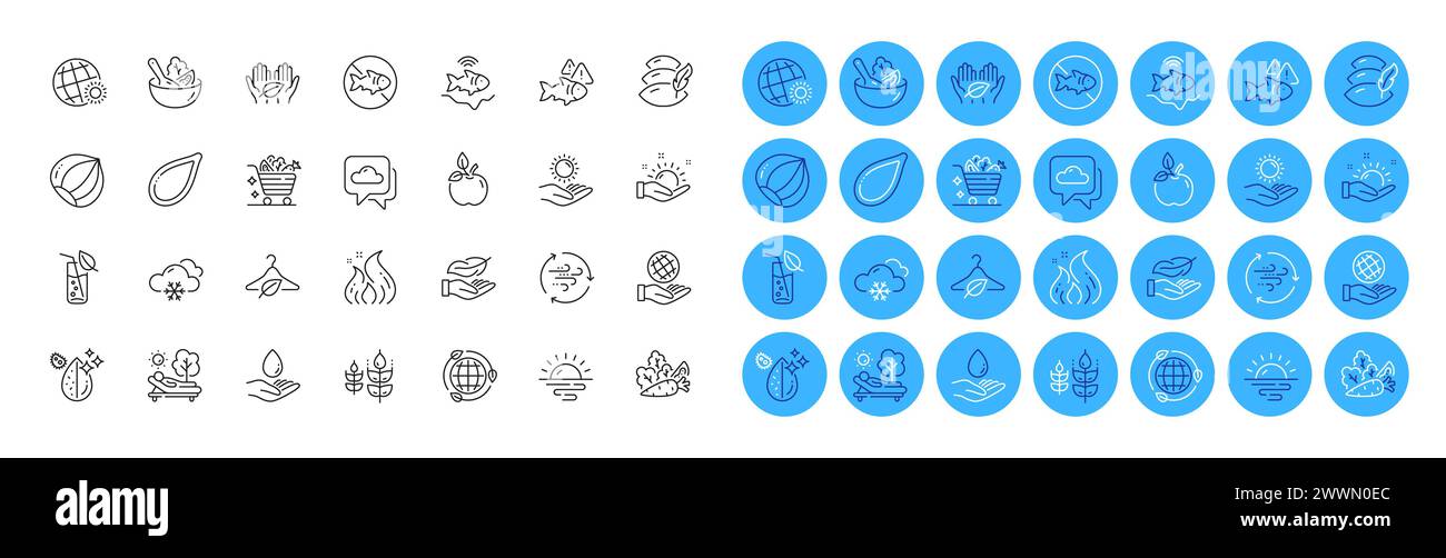 World weather, Eco energy and Vegetables line icons pack. For web app. Color icon buttons. Vector Stock Vector