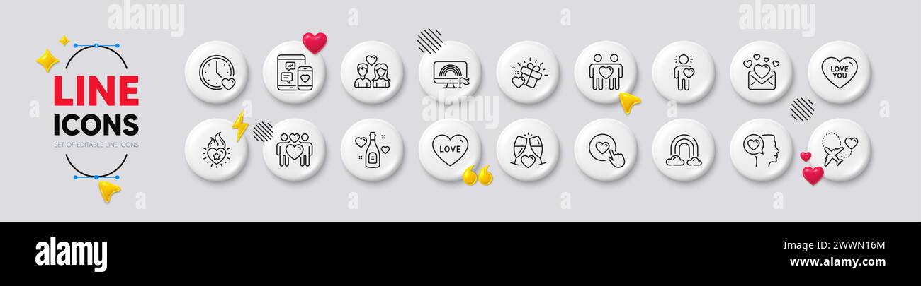 Romantic talk, Love and Dating line icons. White buttons 3d icons. Pack of Social media, Love gift, Rainbow icon. Friend, Like button, Lgbt pictogram. Stock Vector