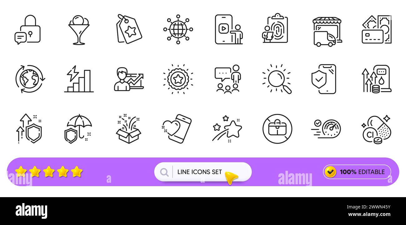 People chatting, Speedometer and Umbrella line icons for web app. Pictogram icon. Line icons. Vector Stock Vector