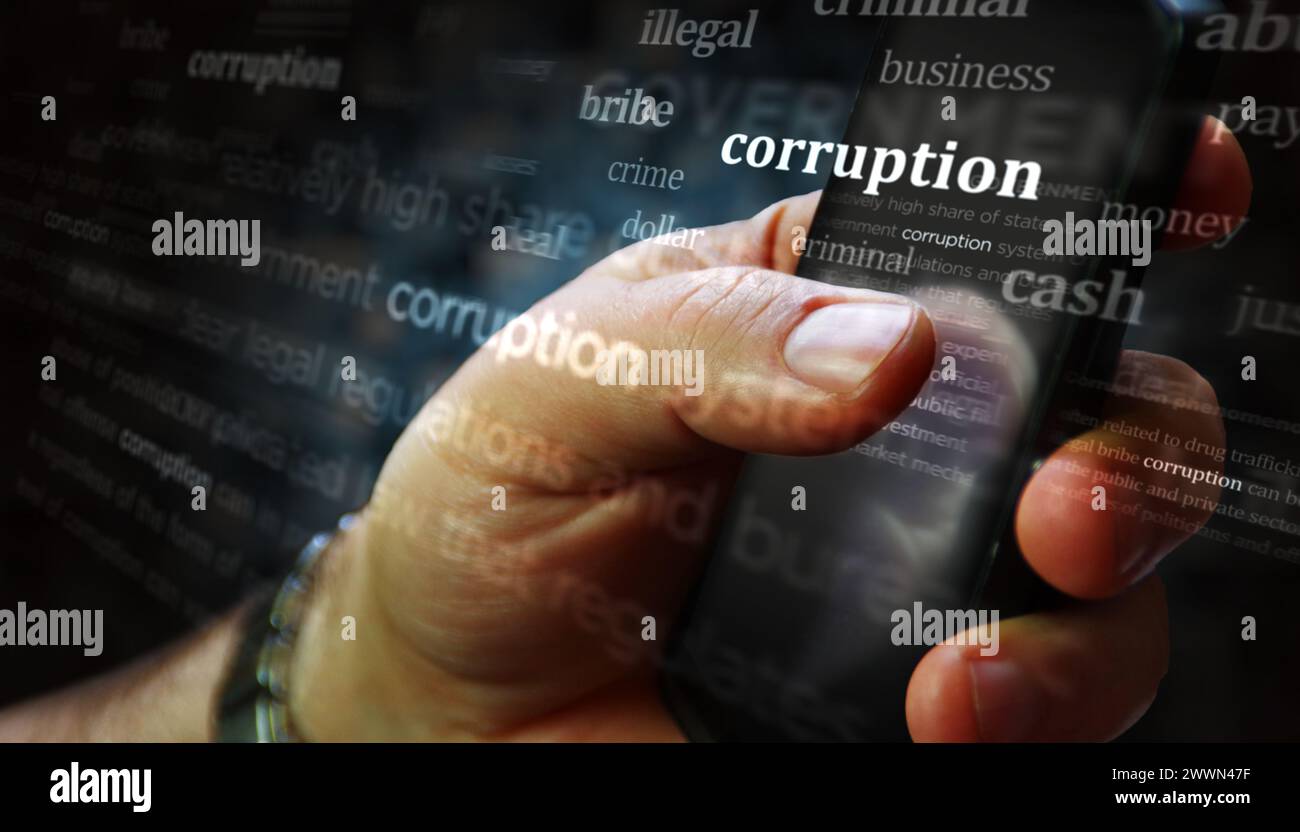 Corruption bribery and payola social media on display. Searching on tablet, pad, phone or smartphone screen in hand. Abstract concept of news titles 3 Stock Photo