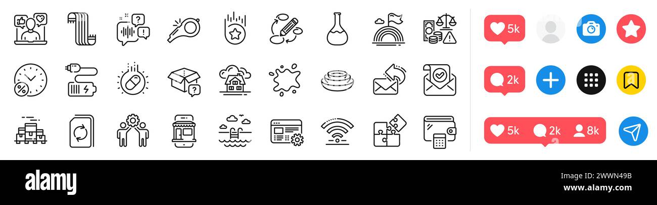 Loan percent, Voicemail and Dishes line icons pack. For web app. Social media icons. Vector Stock Vector
