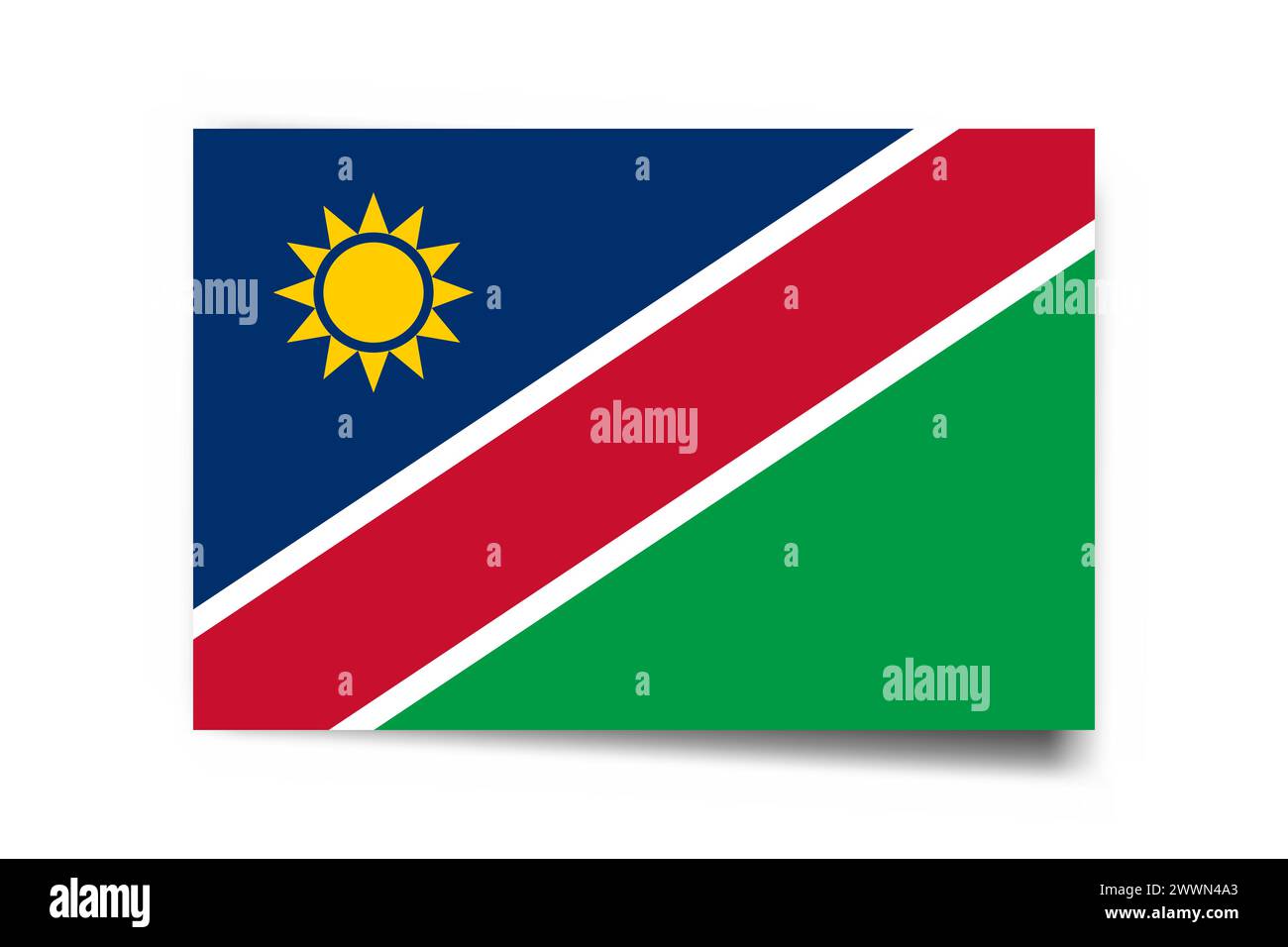 Namibia flag - rectangle card with dropped shadow isolated on white background. Stock Vector