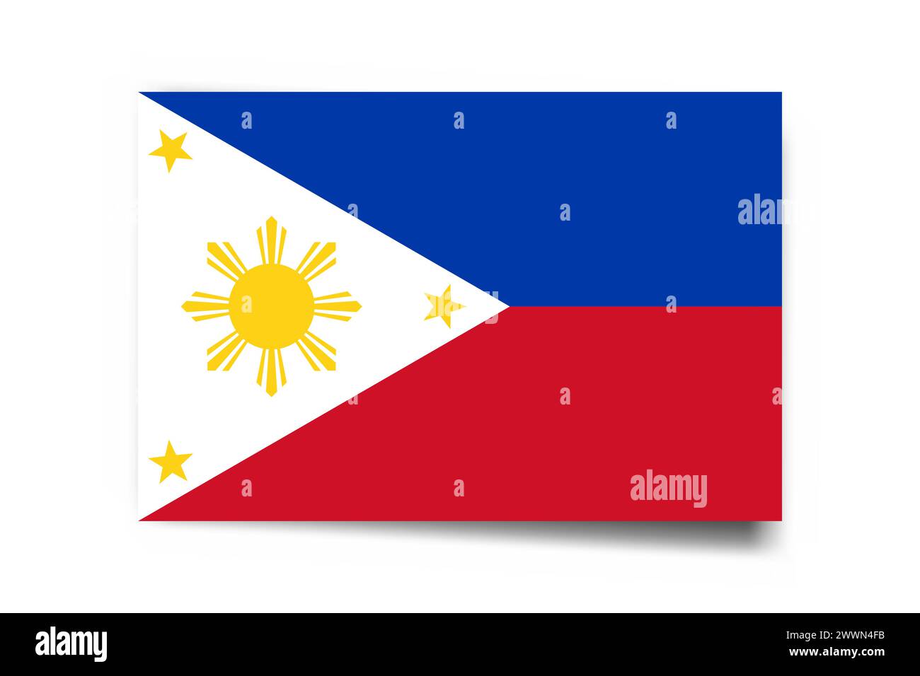 Philippines flag - rectangle card with dropped shadow isolated on white background. Stock Vector