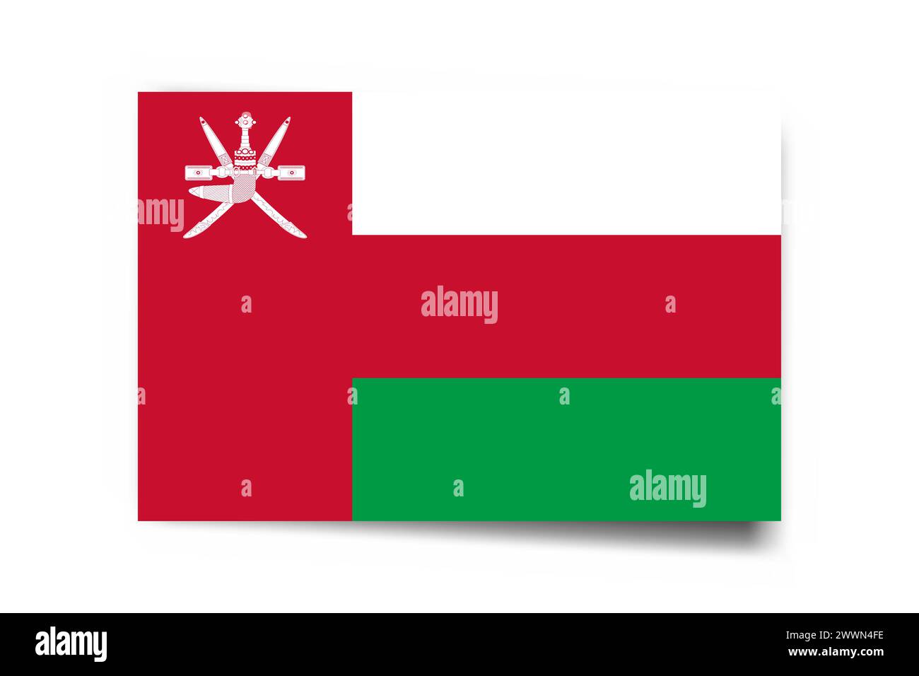 Oman flag - rectangle card with dropped shadow isolated on white background. Stock Vector