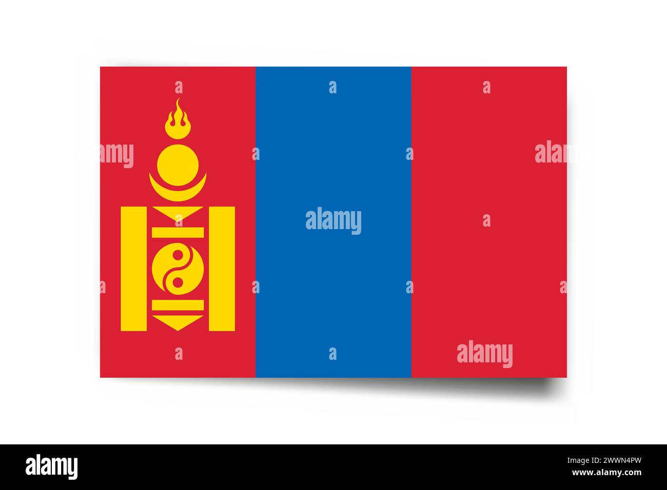Mongolia flag - rectangle card with dropped shadow isolated on white background. Stock Vector