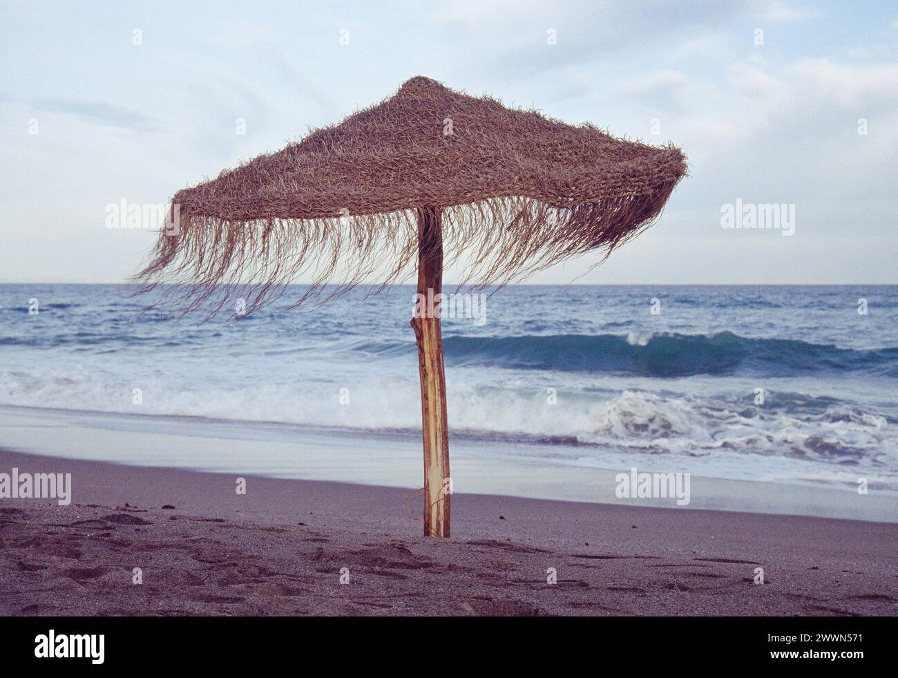 Sun umbrella in the beach. Mojacar, Almeria province. Andalusia. Spain. Stock Photo