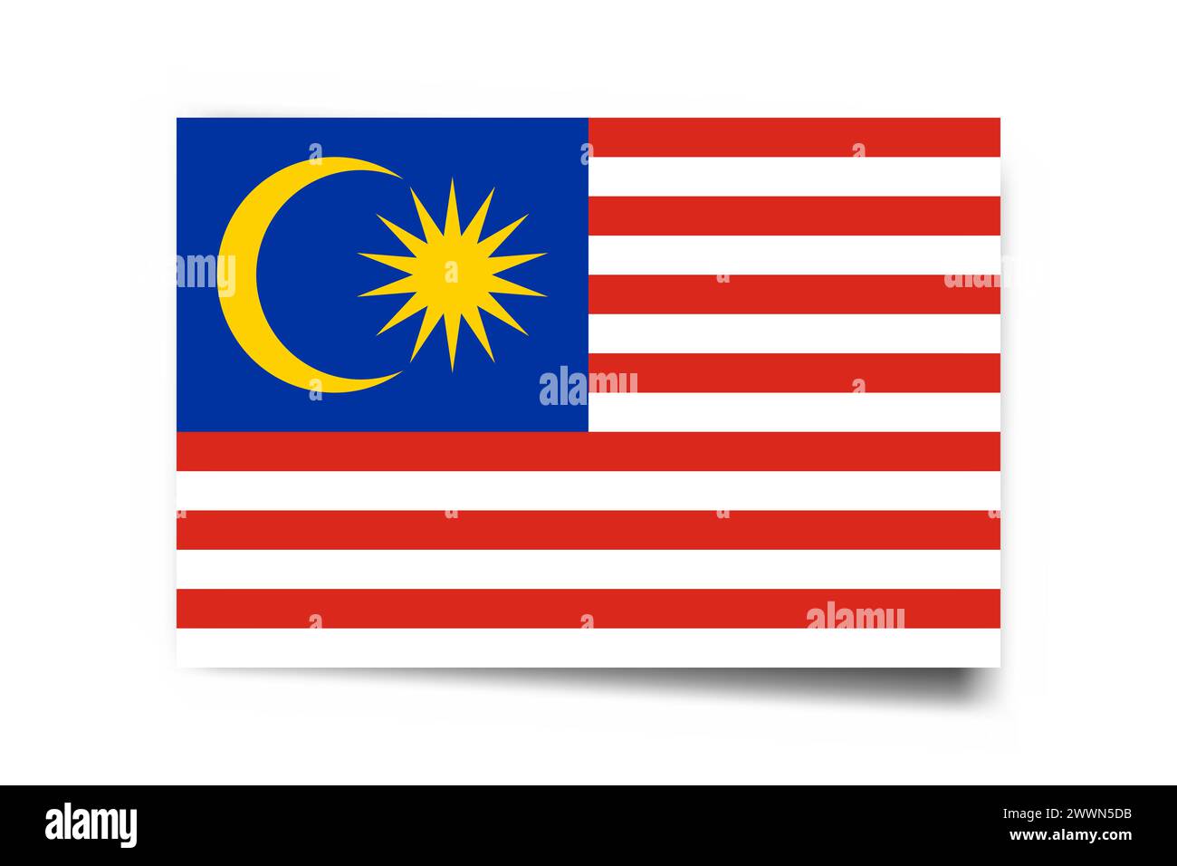 Malaysia flag - rectangle card with dropped shadow isolated on white background. Stock Vector