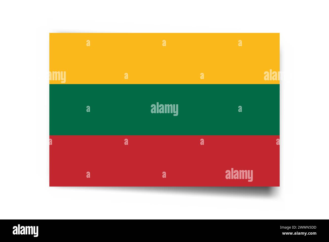 Lithuania flag - rectangle card with dropped shadow isolated on white background. Stock Vector