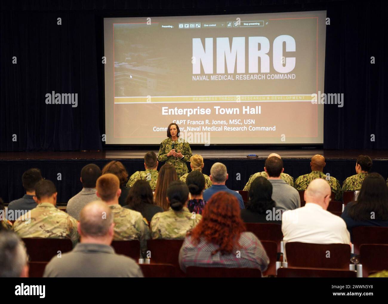 JOINT BASE SAN ANTONIO-FORT SAM HOUSTON – (Feb. 8, 2024) – Capt. Franca Jones, commander, Naval Medical Research Command (NMRC), held a NMRC Enterprise All Hands at the Military and Family Readiness Center during her visit to Naval Medical Research Unit (NAMRU) San Antonio. Jones spoke on numerous topics including the National Defense Authorization Act, the recent Deputy Secretary of Defense Memorandum, and the research and development relationship with the Defense Health Agency. NAMRU San Antonio’s mission is to conduct gap driven combat casualty care, craniofacial, and directed energy resear Stock Photo