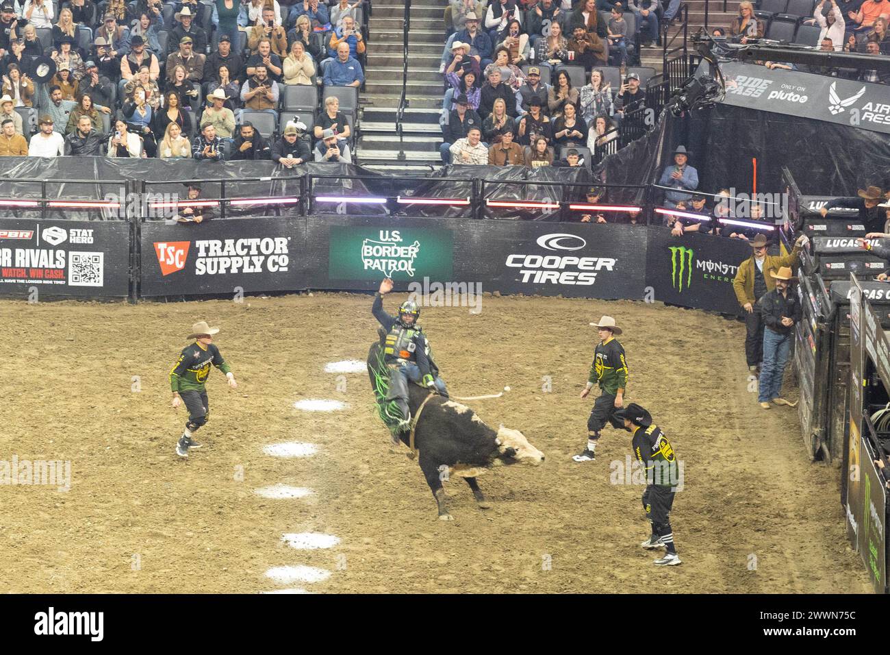 A rider holds onto a bull at the Professional Bull Riders