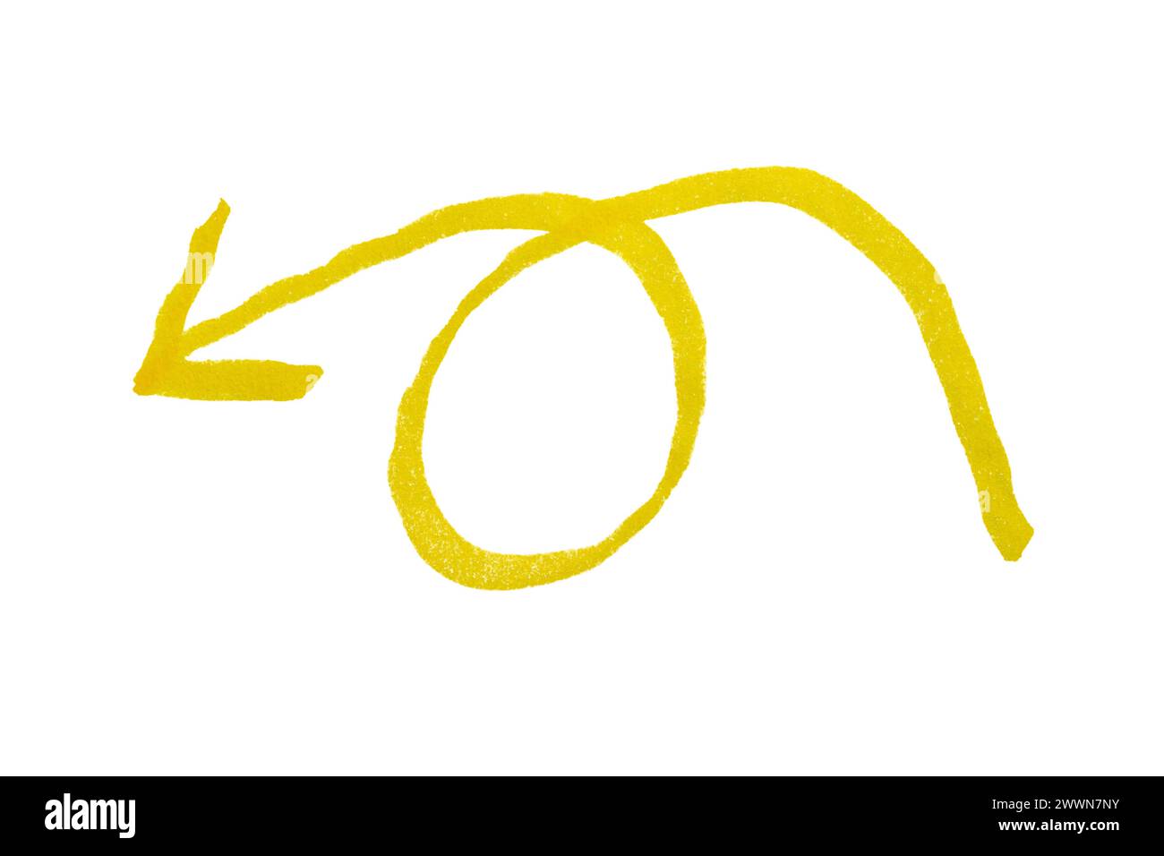 Hand drawn yellow arrow drawn with marker pen on white background Stock Photo