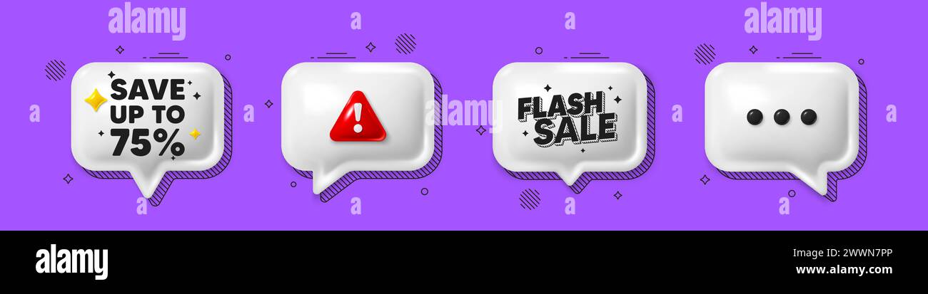 Offer speech bubble 3d icons. Save up to 75 percent. Discount Sale offer price sign. Special offer symbol. Discount chat offer. Flash sale, danger ale Stock Vector
