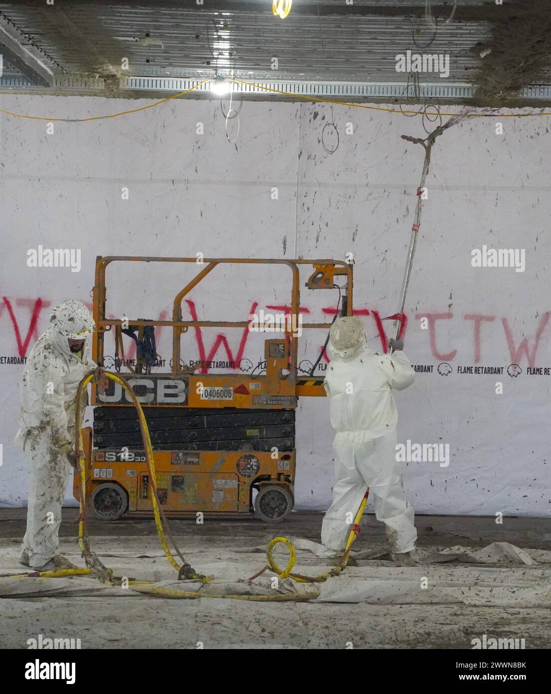 Fireproofing is applied to a portion of the West Bar of the medical facility on the site of the Louisville VA Medical Center Feb. 7, 2024. Stock Photo
