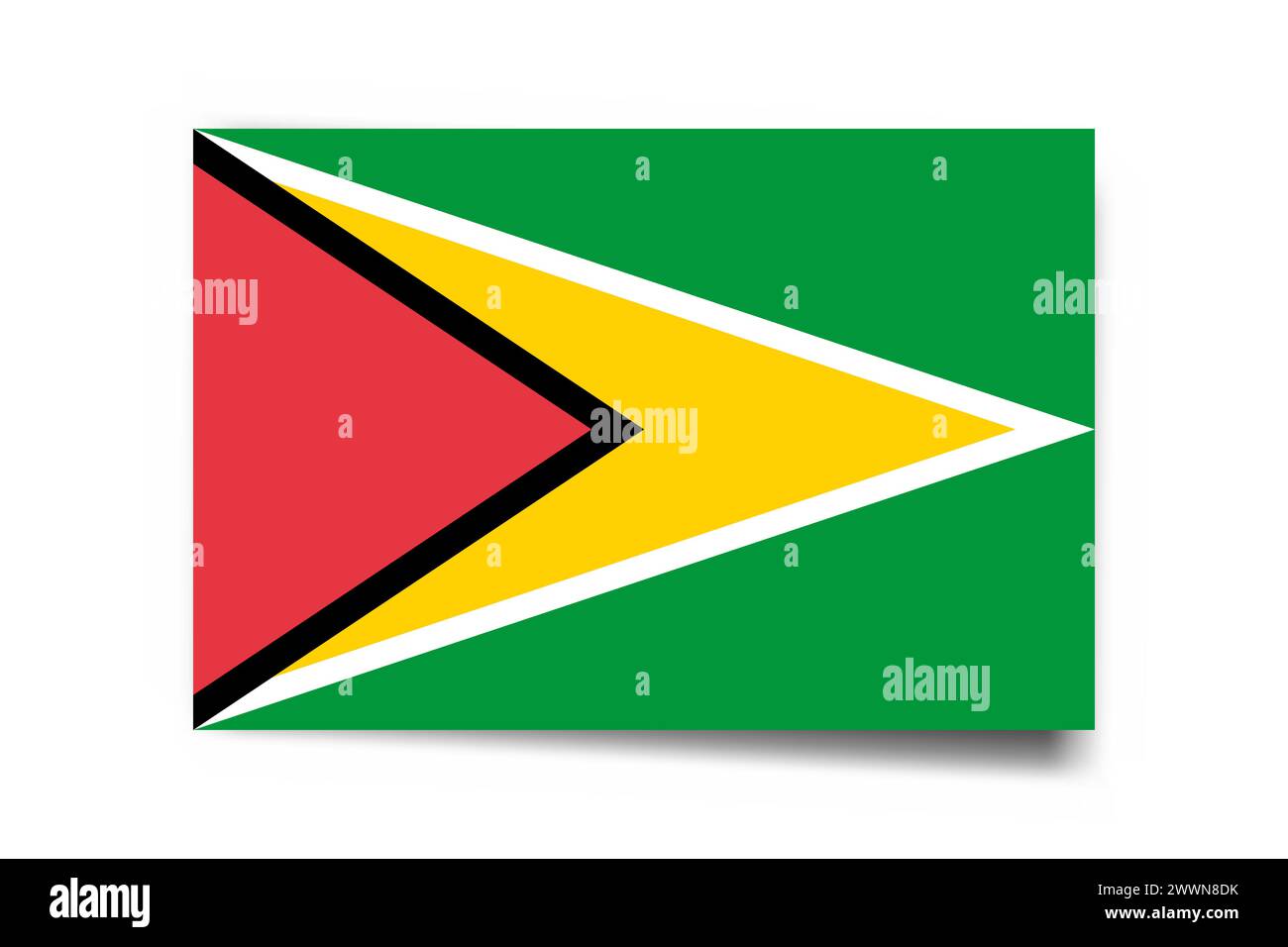 Guyana flag - rectangle card with dropped shadow isolated on white background. Stock Vector