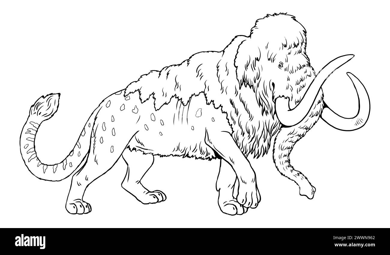 Coloring page with the animals mutants: prehistoric lion with mammoth head. Coloring book with fantasy creatures. Stock Photo