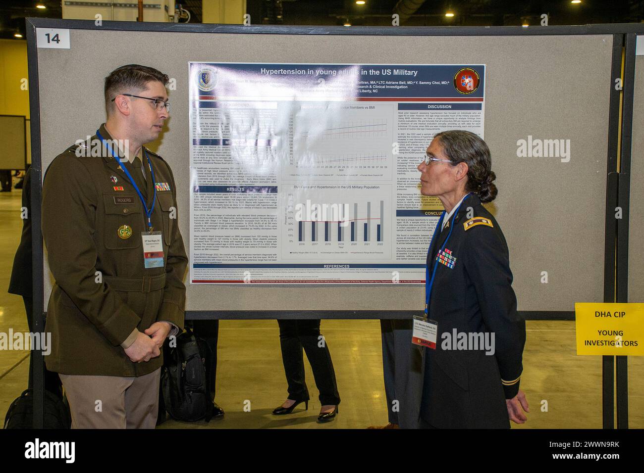 The Defense Health Agency Research and Engineering Directorate, Clinical Investigations Program Branch organized a poster presentation contest for early career scientists during the Feb. 2024 meeting of AMSUS, the Society of Federal Health Professionals, in National Harbor, Maryland. Seen here are poster presenters engaging with conference participants, in advance of a series of oral presentations during the conference. Stock Photo