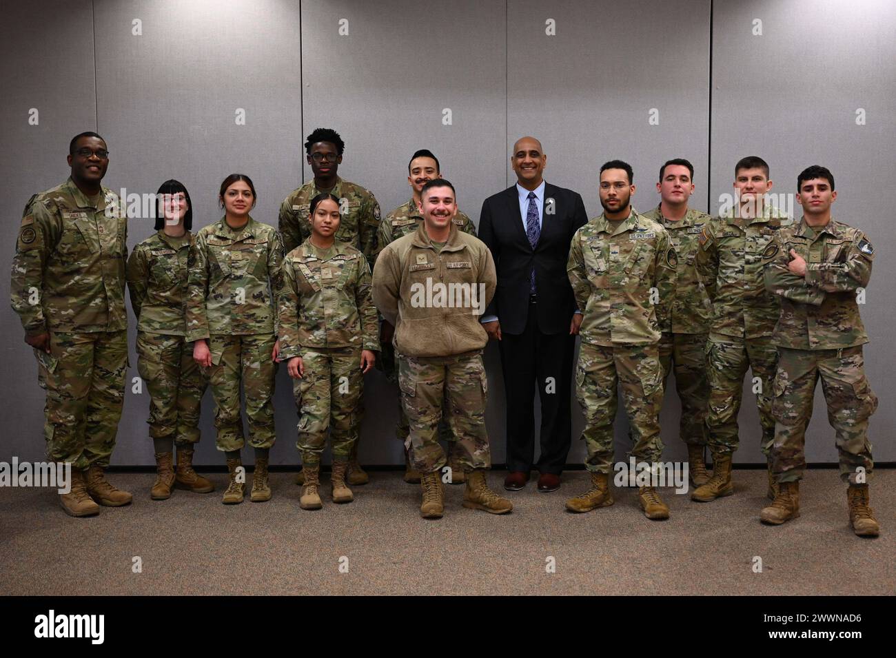 The Honorable Ravi I. Chaudhary, Assistant Secretary of the Air Force for Energy, Installations, and Environment, poses with service members at Buckley Space Force Base, Colo., Feb. 14, 2024. Chaudhary conversed with several lower enlisted service members during a lunch and learn.  Space Force Stock Photo